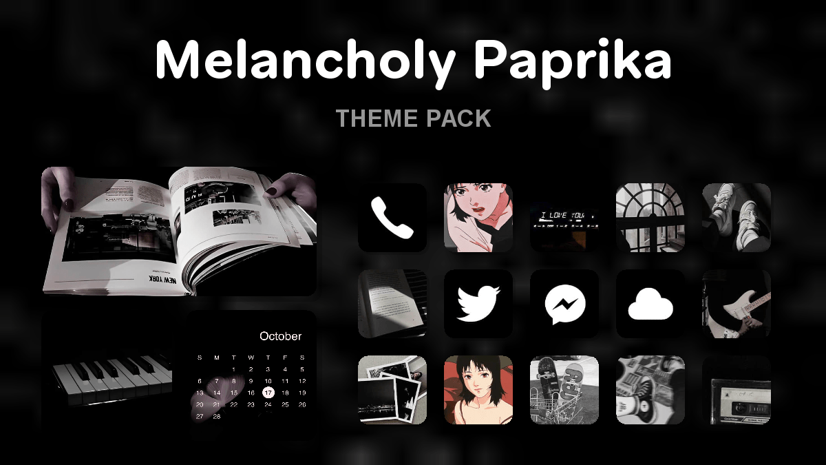 Melancholy Paprika theme pack preview showing all icons widgets and wallpaper