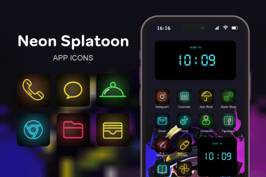 Neon Splatoon theme pack featured image showing icons widgets and wallpaper