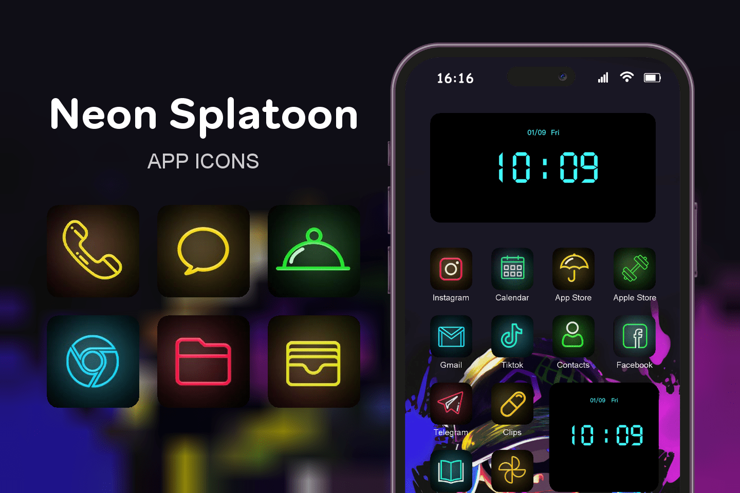 Neon Splatoon theme pack featured image showing icons widgets and wallpaper
