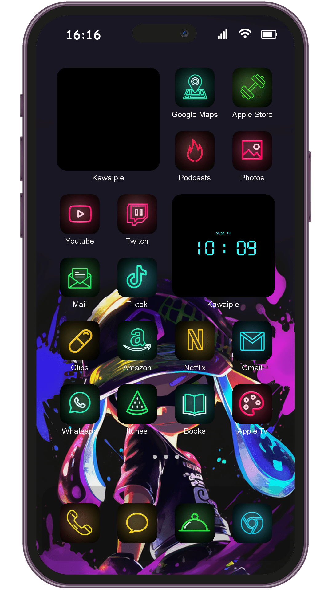 Neon Splatoon theme pack installed on phone home screen