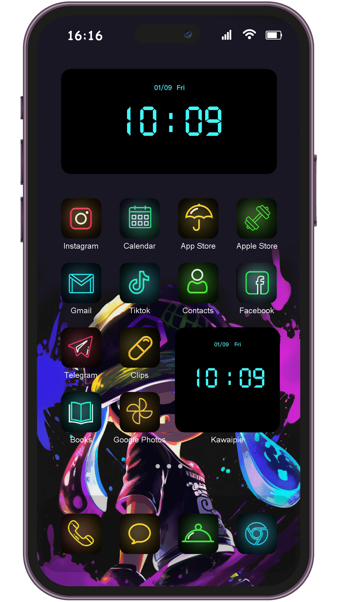 Neon Splatoon theme pack applied on smartphone home screen