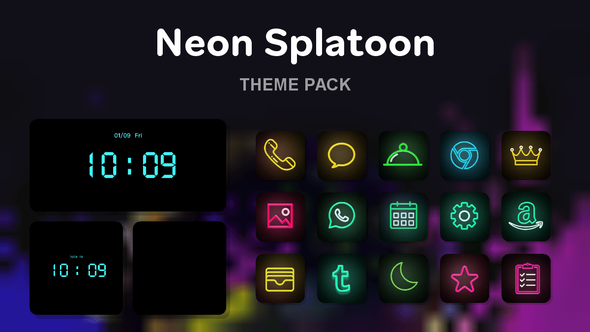Neon Splatoon theme pack preview showing all icons widgets and wallpaper