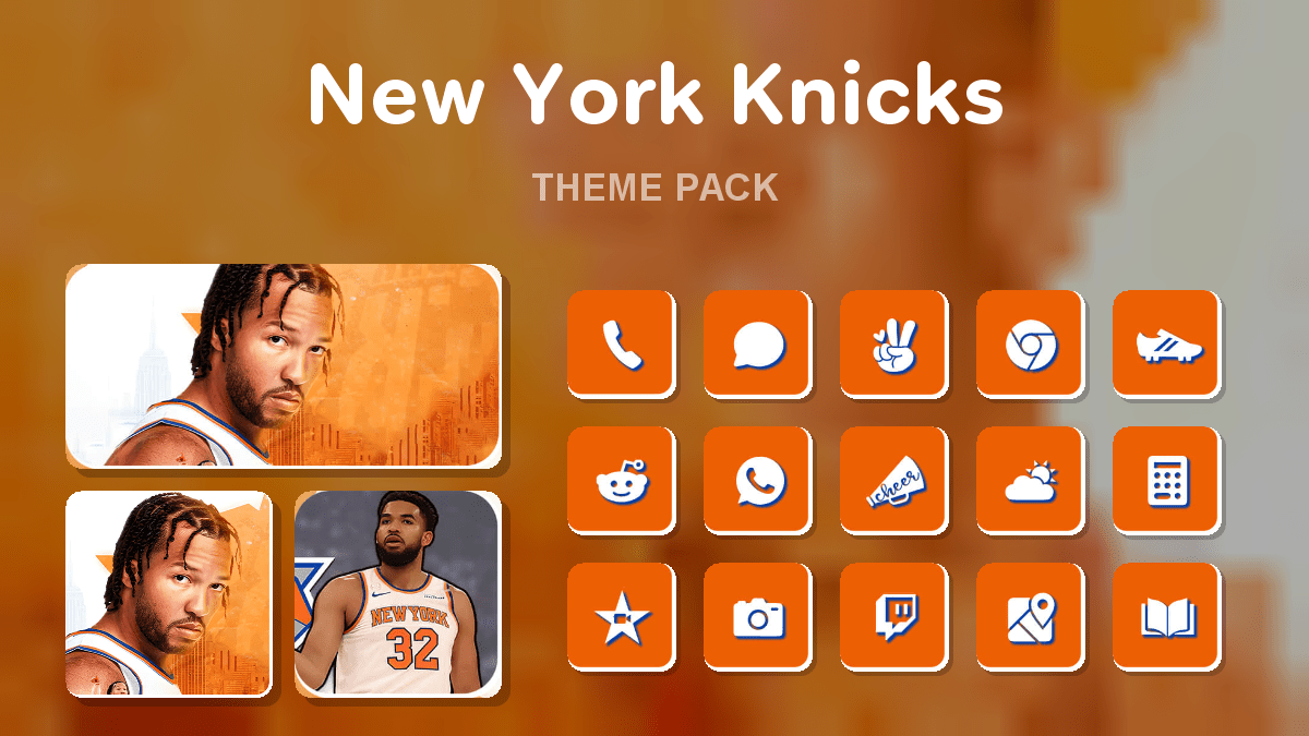 New York Knicks theme pack preview showing all icons widgets and wallpaper