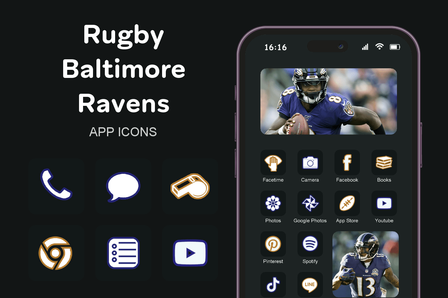 Rugby Baltimore Ravens theme pack featured image showing icons widgets and wallpaper