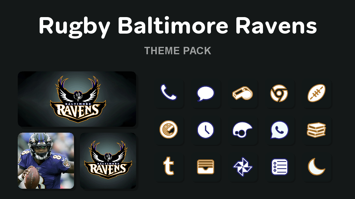 Rugby Baltimore Ravens theme pack preview showing all icons widgets and wallpaper