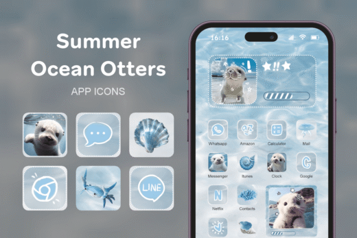 Summer Ocean Otters theme pack featured image showing icons widgets and wallpaper