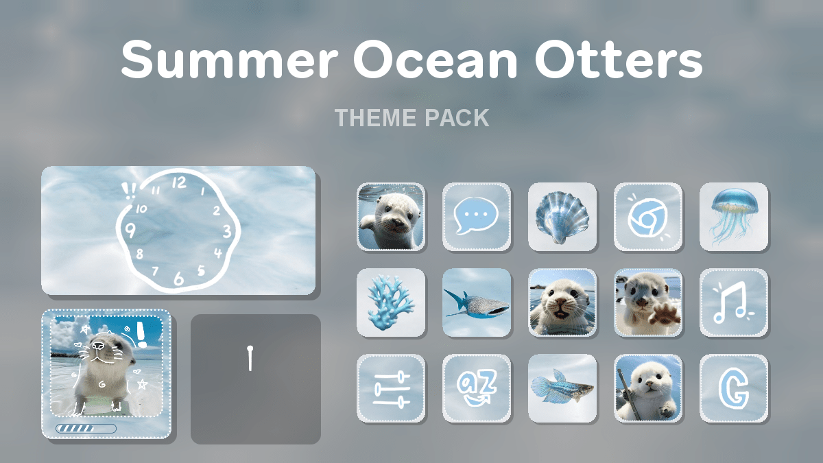 Summer Ocean Otters theme pack preview showing all icons widgets and wallpaper